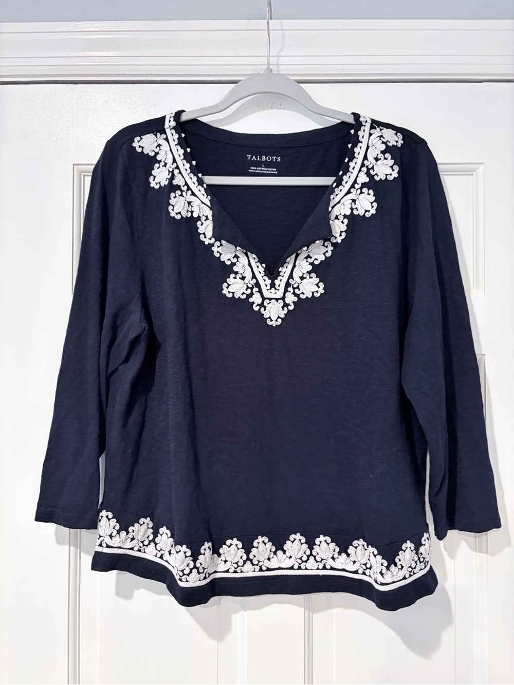 Talbots Navy Blue White Embroidered Tunic Top Cotton Large L Boho